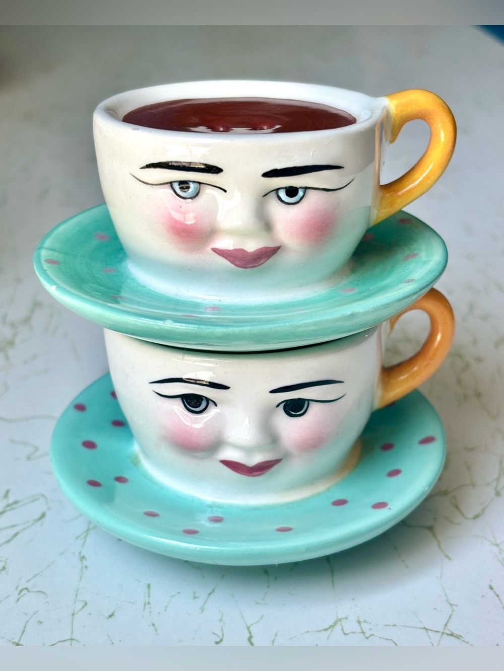 Vintage Anthropomorphic Clay Art Stackable Pair Coffee Cup Shakers
